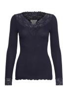 Organic T-Shirt W/ Lace Tops T-shirts & Tops Long-sleeved Navy Rosemunde