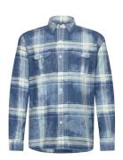 Classic Fit Distressed Plaid Twill Shirt Tops Shirts Casual Blue Polo Ralph Lauren