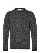 Jacquard Crew Neck Knit - Regenerat Tops Knitwear Round Necks Navy Knowledge Cotton Apparel