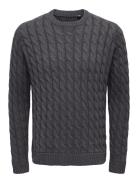 Onskicker Life Reg 3 Cable Crew Knit Tops Knitwear Round Necks Grey ONLY & SONS