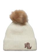 Leather-Trim Pom-Pom Rib-Knit Beanie Accessories Headwear Beanies Cream Lauren Ralph Lauren