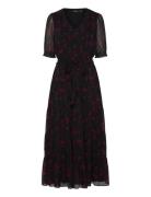 Floral Belted Crinkle Georgette Dress Maxikjole Festkjole Black Lauren Ralph Lauren