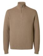 Slhdane Ls Knit Structure Half Zip Noos Tops Knitwear Half Zip Jumpers Beige Selected Homme