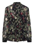 Floral Crinkle Georgette Tie-Neck Blouse Tops Blouses Long-sleeved Black Lauren Ralph Lauren