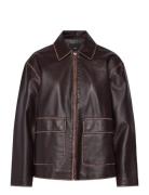 Leather-Effect Jacket With Contrast Stitching Læderjakke Skindjakke Brown Mango