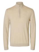 Slhtray Ls Knit Merino Half Zip Noos Tops Knitwear Half Zip Jumpers Beige Selected Homme