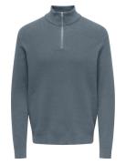 Onsphil Reg 12 Struc Half Zip Knit Noos Tops Knitwear Half Zip Jumpers Blue ONLY & SONS