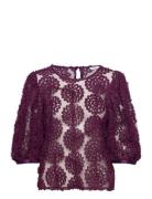 Nadja 3D Flower Puff Sleeve Blouse Tops Blouses Short-sleeved Burgundy Bubbleroom