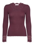 Silk T-Shirt W/ Lace Tops T-shirts & Tops Long-sleeved Burgundy Rosemunde