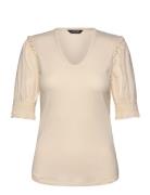 Rib-Knit Cotton-Blend Puff-Sleeve Top Tops T-shirts & Tops Short-sleeved Cream Lauren Ralph Lauren