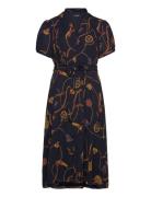 Print Belted Georgette Puff-Sleeve Dress Knælang Kjole Navy Lauren Women